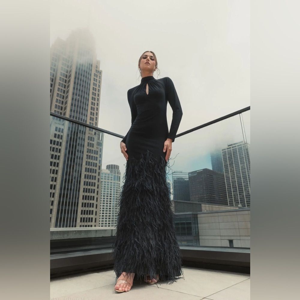 MAC DUGGAL  11839 Black Jersey Long Sleeve High Neck Feather Gown - Picture 6 of 16